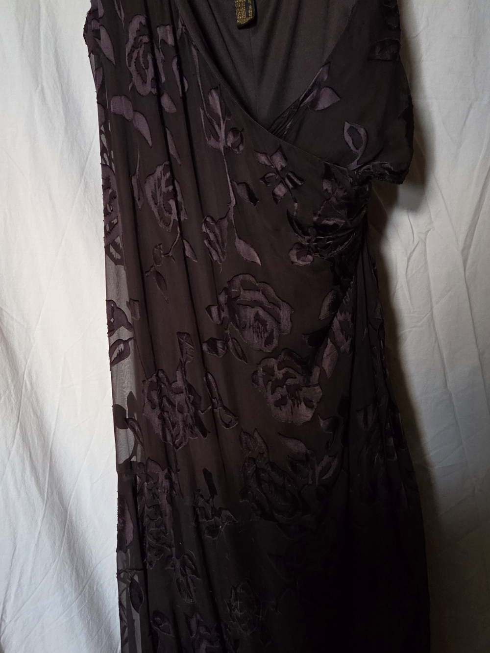 Mid-Length Chocolate Brown Floral Overlay Dress with Faux-Wrap Neckline